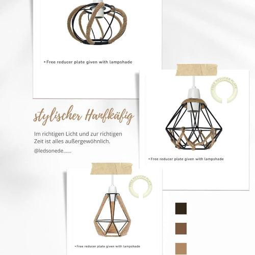 Vintage Lampenschirm–Metall & Hanf käfig–schwarz E27/B22~2451