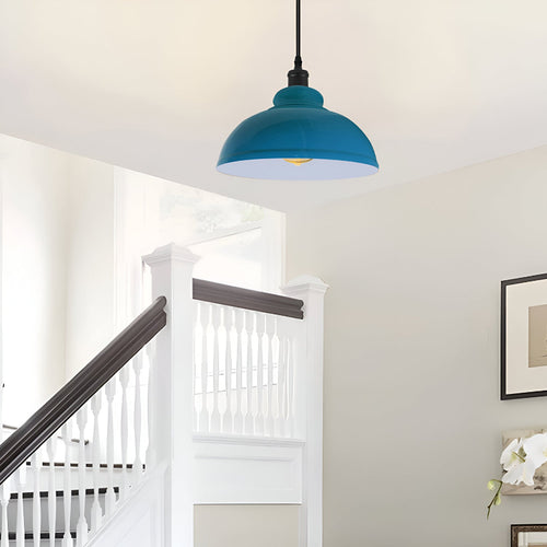 Lampada a sospensione industriale vintage con paralume blu Ø29cm~2946