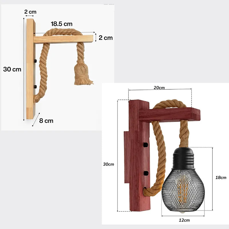 Rustikale Wandleuchte aus Holz und Hanfseil 