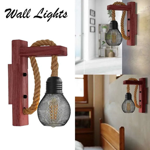 Vintage Holz Hanfseil Wandleuchte – Käfigschirm~2583