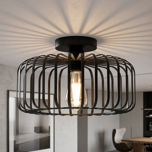 Moderne loftlampe bur sort metal tromle E27 ~3676