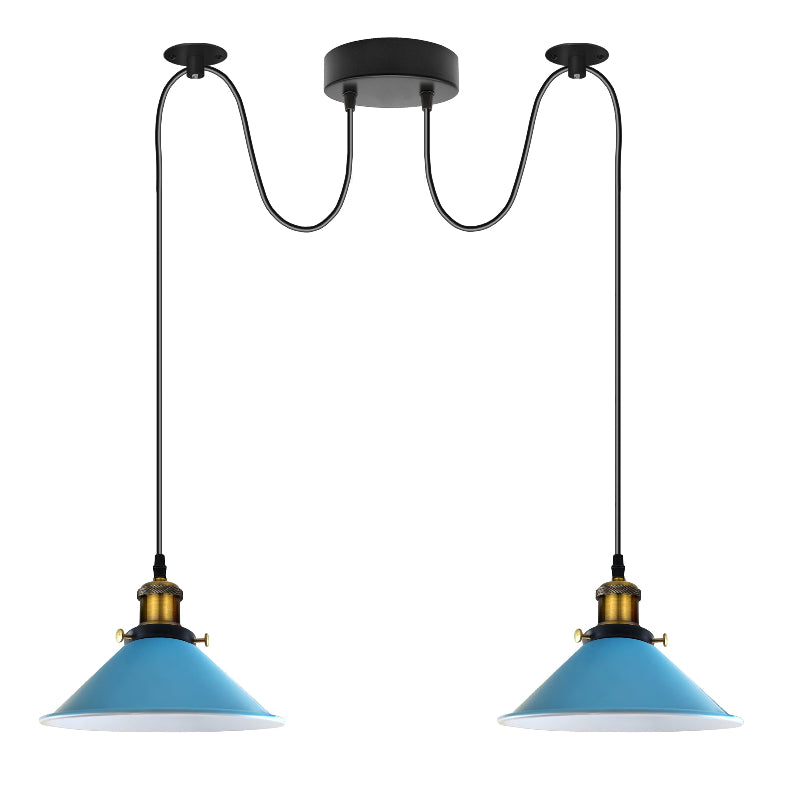 Design-Hängelampe in Blau mit Kegelform, Metallkörper und E27-Fassung – zweiflammige Leuchte für stilvolle Räume.