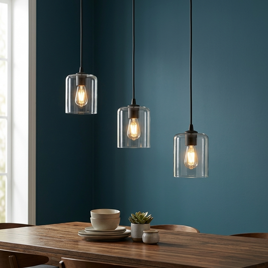 Moderne pendellampe i klart glas med sort loftroset i metal~3669