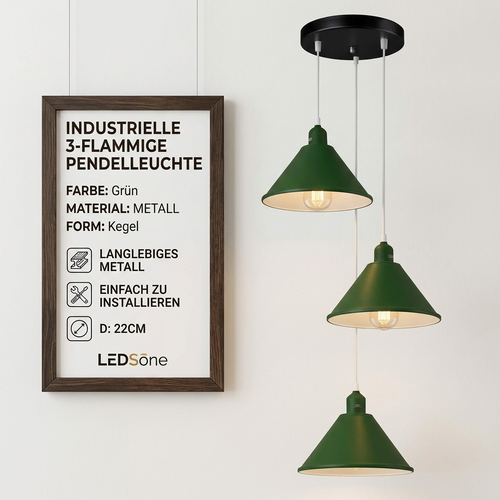3-flammige Pendelleuchte – Vintage Esstisch Hängelampe Kaskade | Ø 22cm | E27 ~3613
