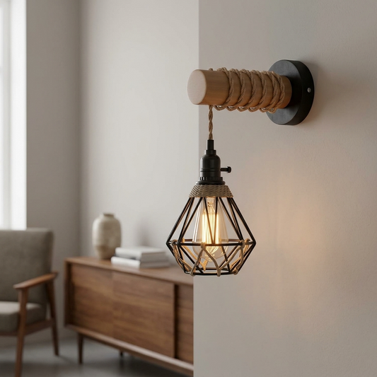 Vintage Wandleuchte Holz – Industrie Seillampe Käfig Wandlampe | E27 ~3631