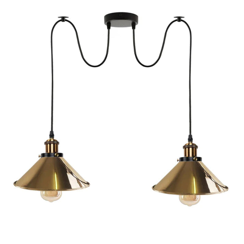 Elegante 2-flammige Spider Deckenlampe, goldfarbe Metall in Konusform, E27 Leuchtmittel, individuell einstellbare Hängelänge.