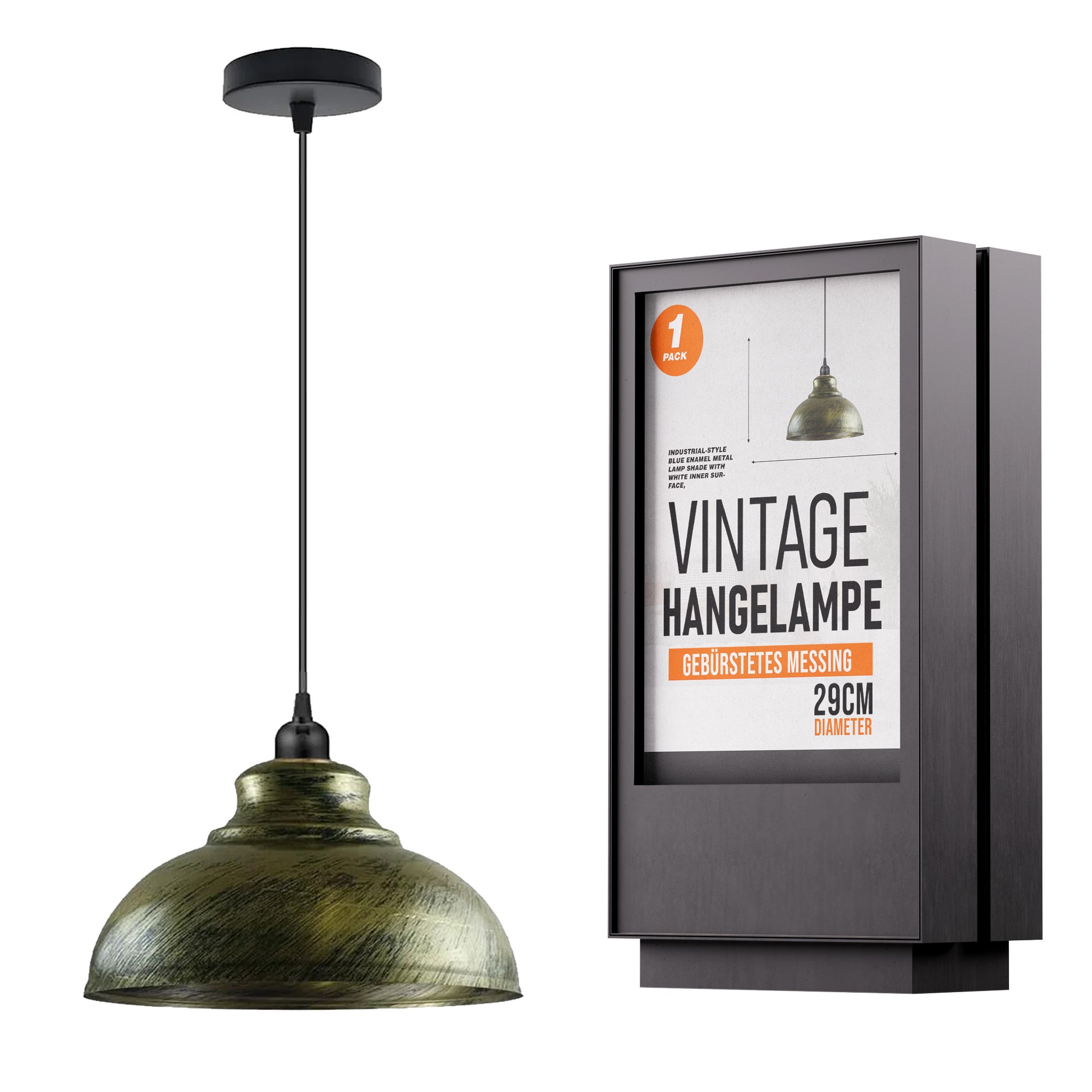 Vintage Loft Pendelleuchte aus Metall, Retro-Stil, E27-Fassung, gebürstetes Messing, höhenverstellbares Kabel, ideal für Wohnzimmer, Café, Bar oder Restaurant.