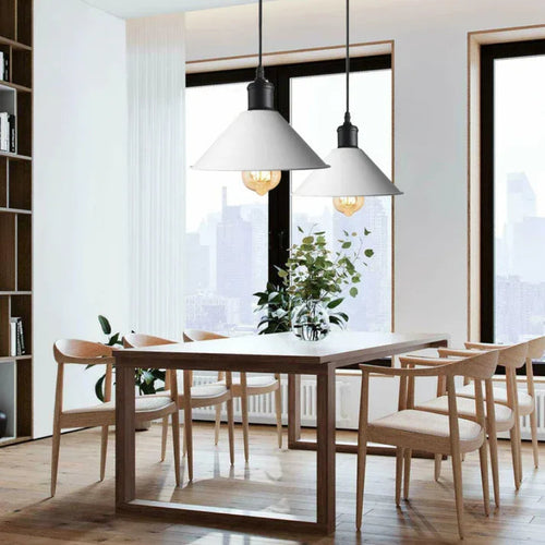 Lampada a sospensione in metallo bianco a forma di cono per scale moderne~1487