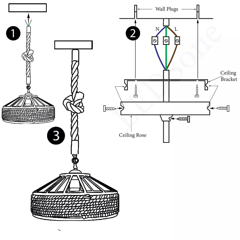 Moderne Hanfseil-Eisenlampe mit schlichtem schwarzen Schirm.