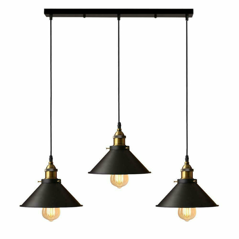 Industrielle Pendelleuchte mit 3 schwarzen Metallschirmen, E27-Sockel, dimmbar und modern im Design