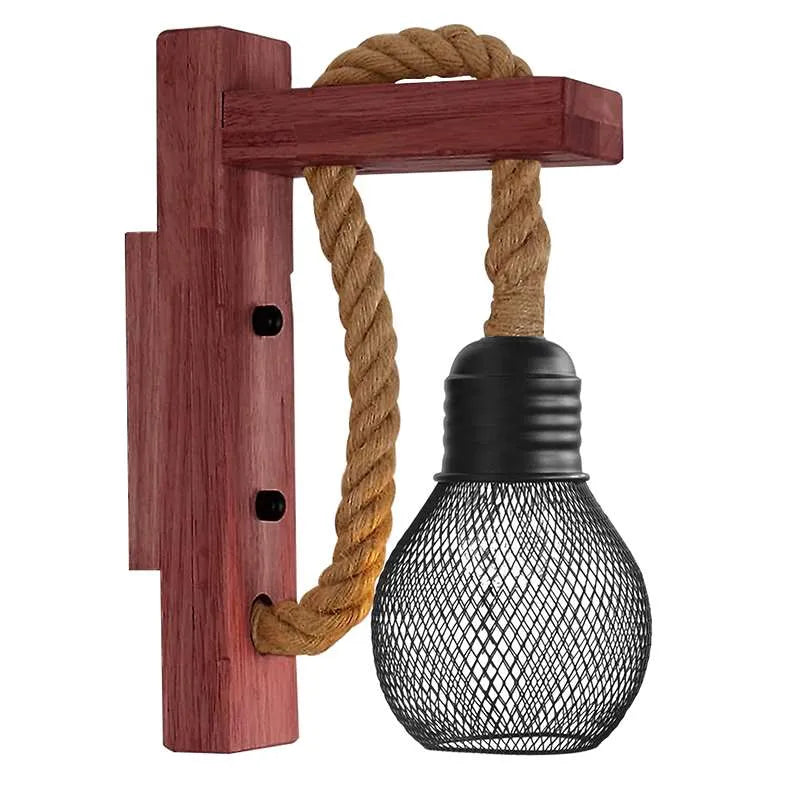 LED-Wandleuchte mit Holzhalterung und Käfigdesign

