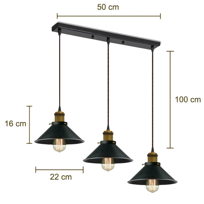 Schwarze Metalllampe mit Kegelschirm – 3-flammig, höhenverstellbar und E27-kompatibel