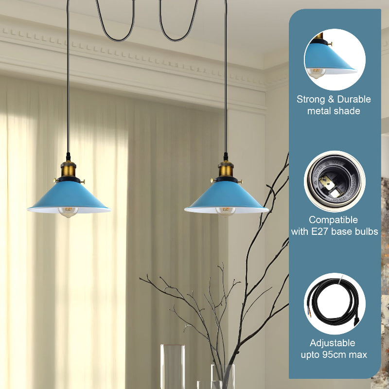 Moderne blaue 2-flammige Metalllampe mit E27-Sockeln und konischen Schirmen – stilvolle Lichtquelle für Deckenmontage.
