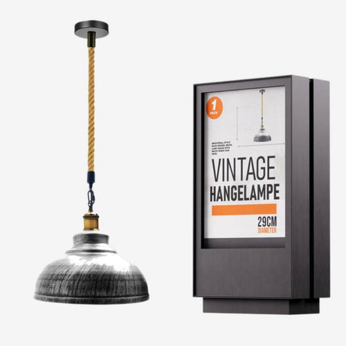 Lampada a sospensione con paralume a cupola in metallo con corda di canapa industriale~3030