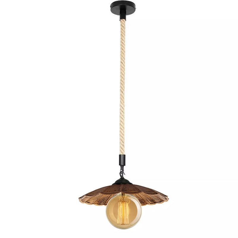 Retro Pendelleuchte mit Hanfseil und gebürstetem Kupferschirm im Vintage-Stil