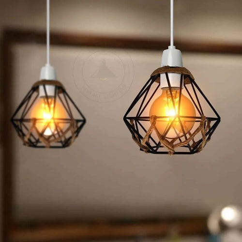 Retro-Hängelampenkäfig E27 – Schwarz mit Hanfdetail~2580