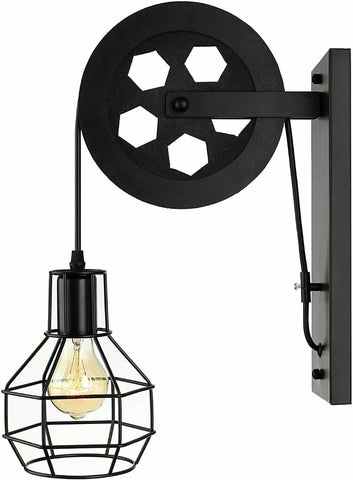 Riemenscheiben Wandleuchten innen schwarz | Eisen | Holz~2578 - Variant: Typ 1 Black / Yes