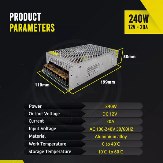 Universal Schaltnetzteil 12V 20A 240W IP20 Trafo für LED-Beleuchtung und andere Anwendungen