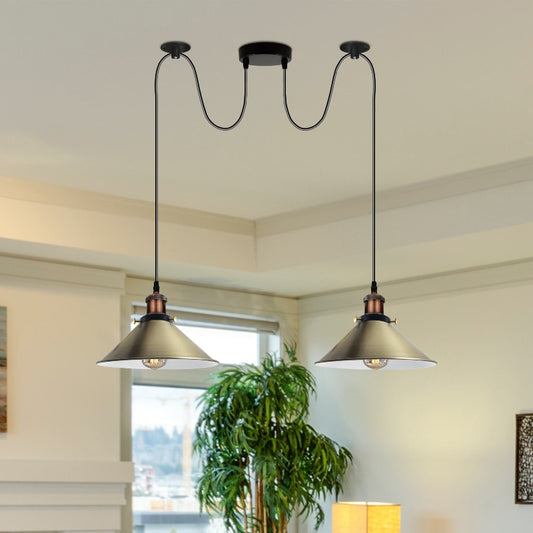 Zweiköpfige Spider-Hängelampe aus grünem Messing mit E27-Fassung und verstellbarem schwarzem PVC-Kabel