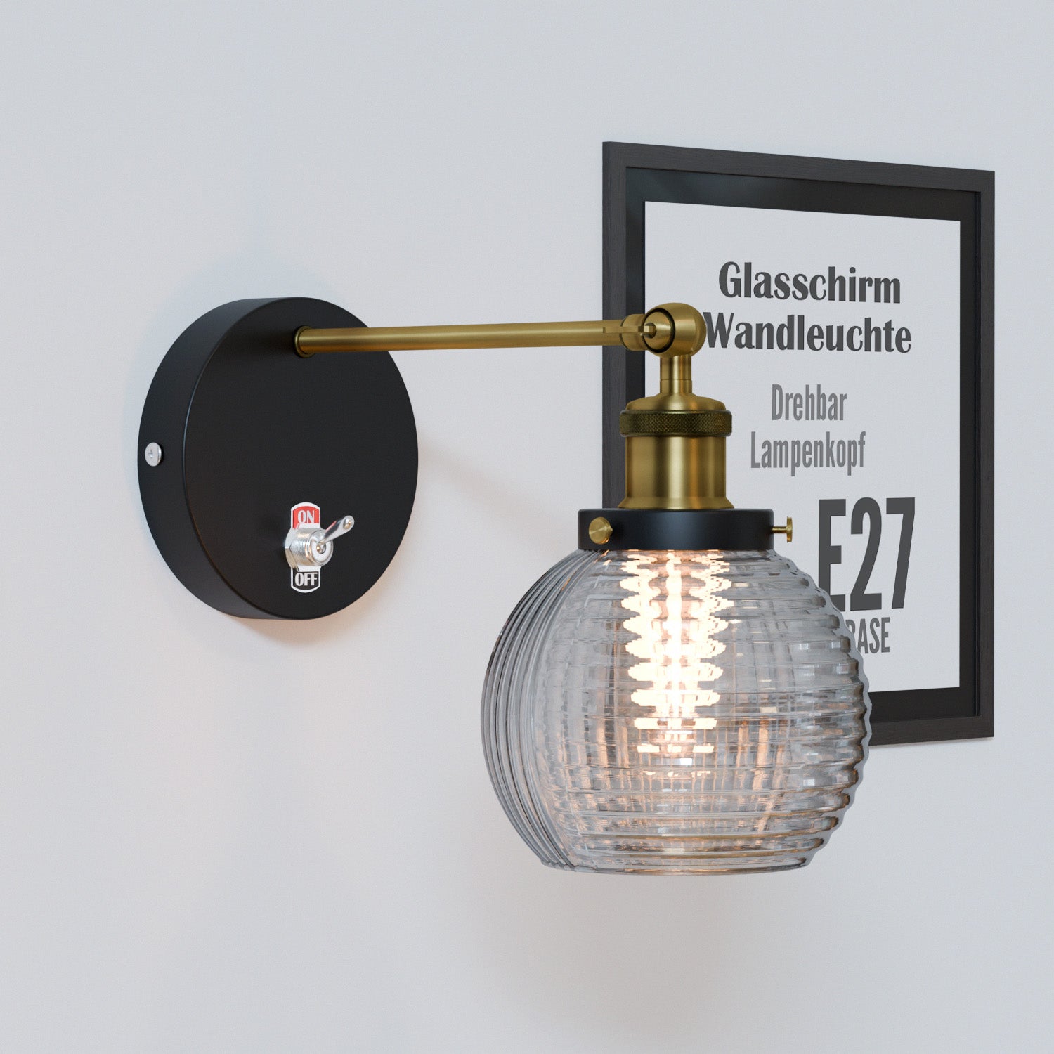 Vintage Messing Wandlampe mit verstellbarem Arm und weiß-braunem Lampenschirm, E27 Fassung, 60W für Innenräume, einfache Installation.