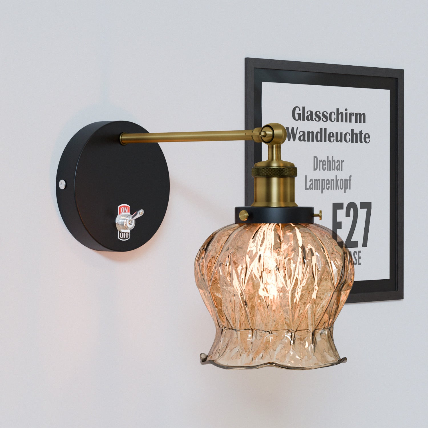 Vintage Messing Wandlampe mit verstellbarem Arm und weiß-braunem Lampenschirm, E27 Fassung, 60W für Innenräume, einfache Installation.