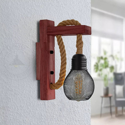 Rustikale Wandleuchte Holz ,Hanfseil – Wandlampe Käfigschirm ~2634