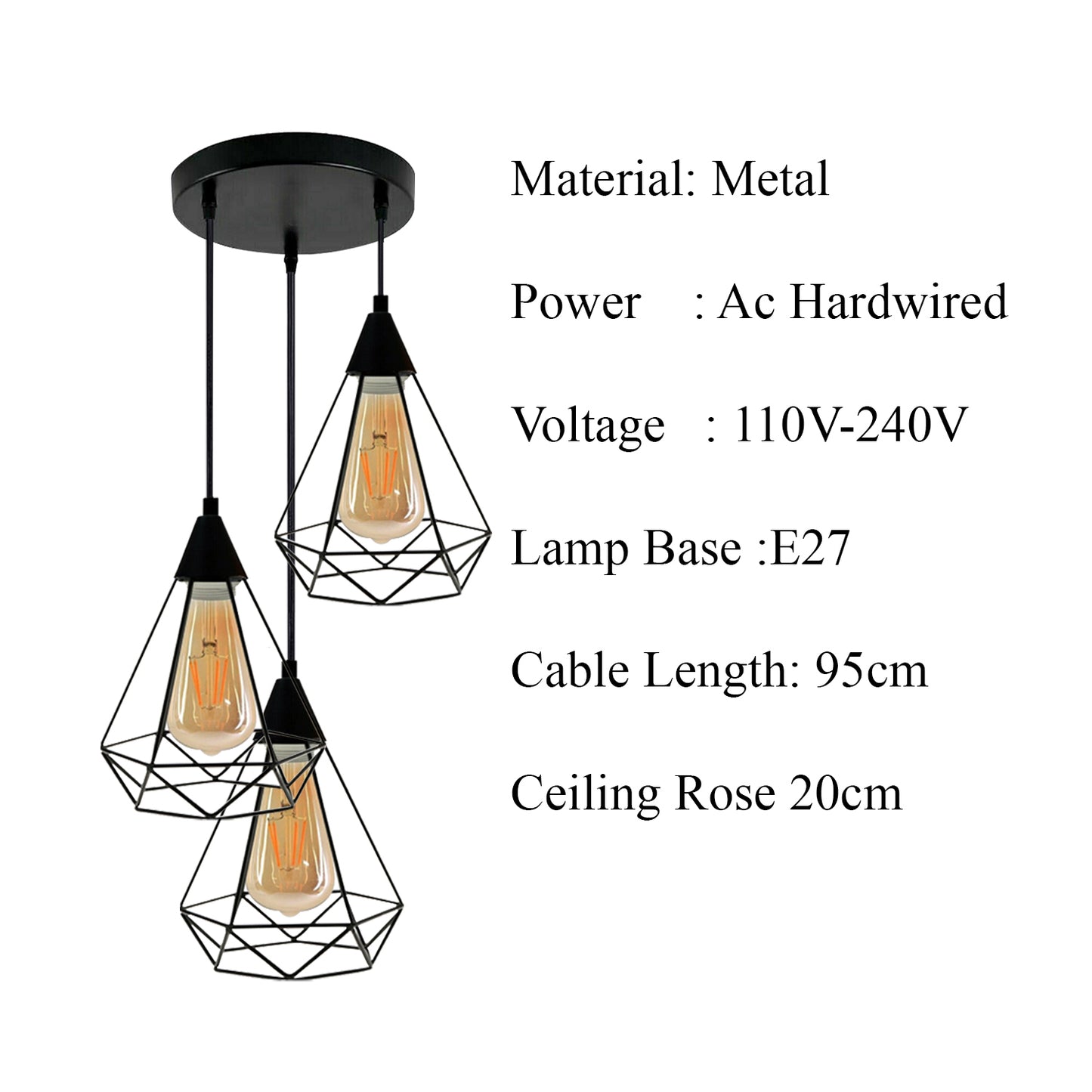 E27 Lamp Base 3 Pendelleuchten mit schwarzen, geometrischen käfigschirmen