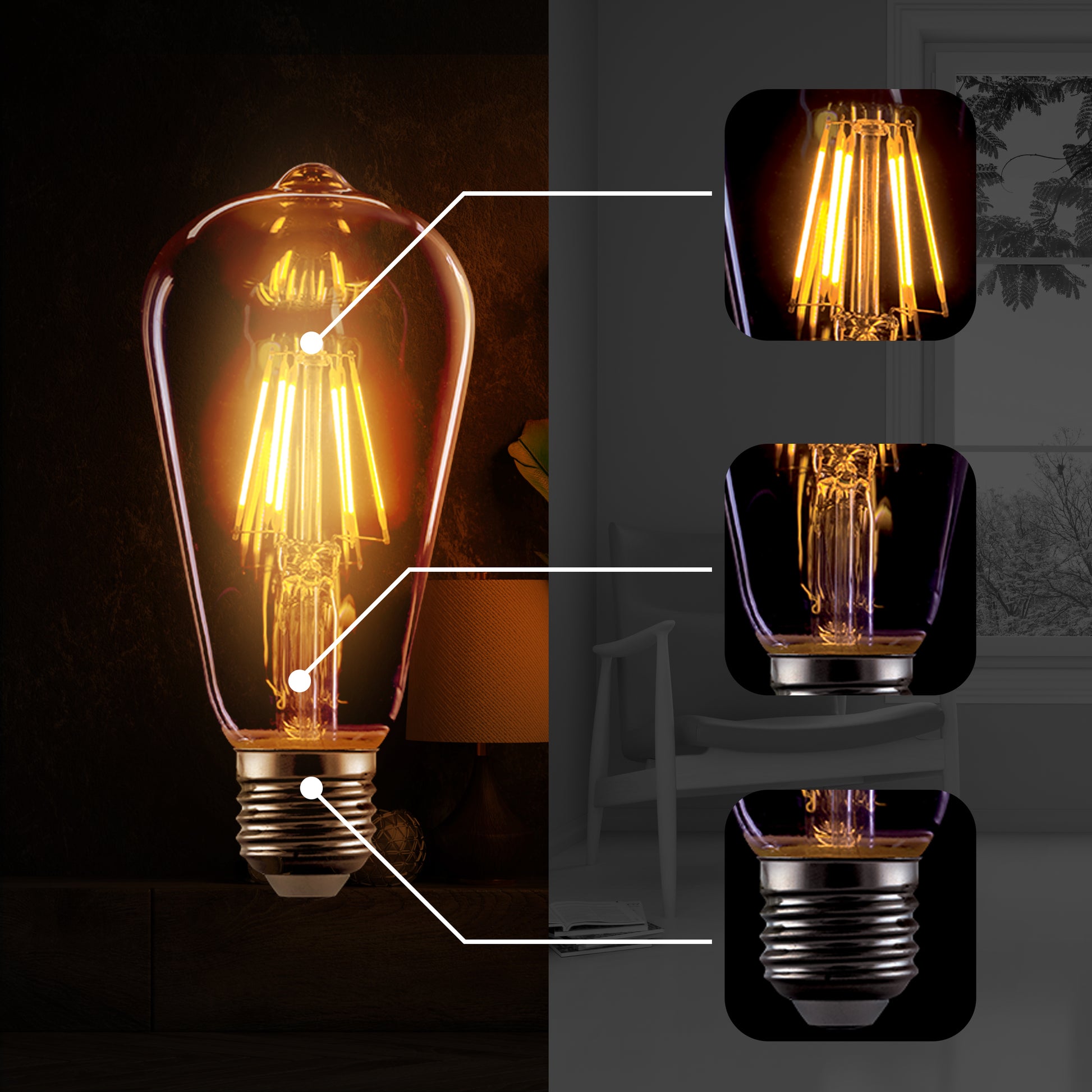 E27 ST64 Vintage LED dimmbare Glühbirnen, 8 W Edison-Glühbirne, 2700 K warmweiß, bernsteinfarbene, energiesparende dekorative Glühbirnen im Retro-Stil