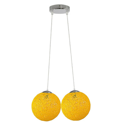 Gelbes Rattan-Geflecht, gewebte Kugel, 2 Steckdosen, moderne Pendelleuchte, hängende Deckenleuchte