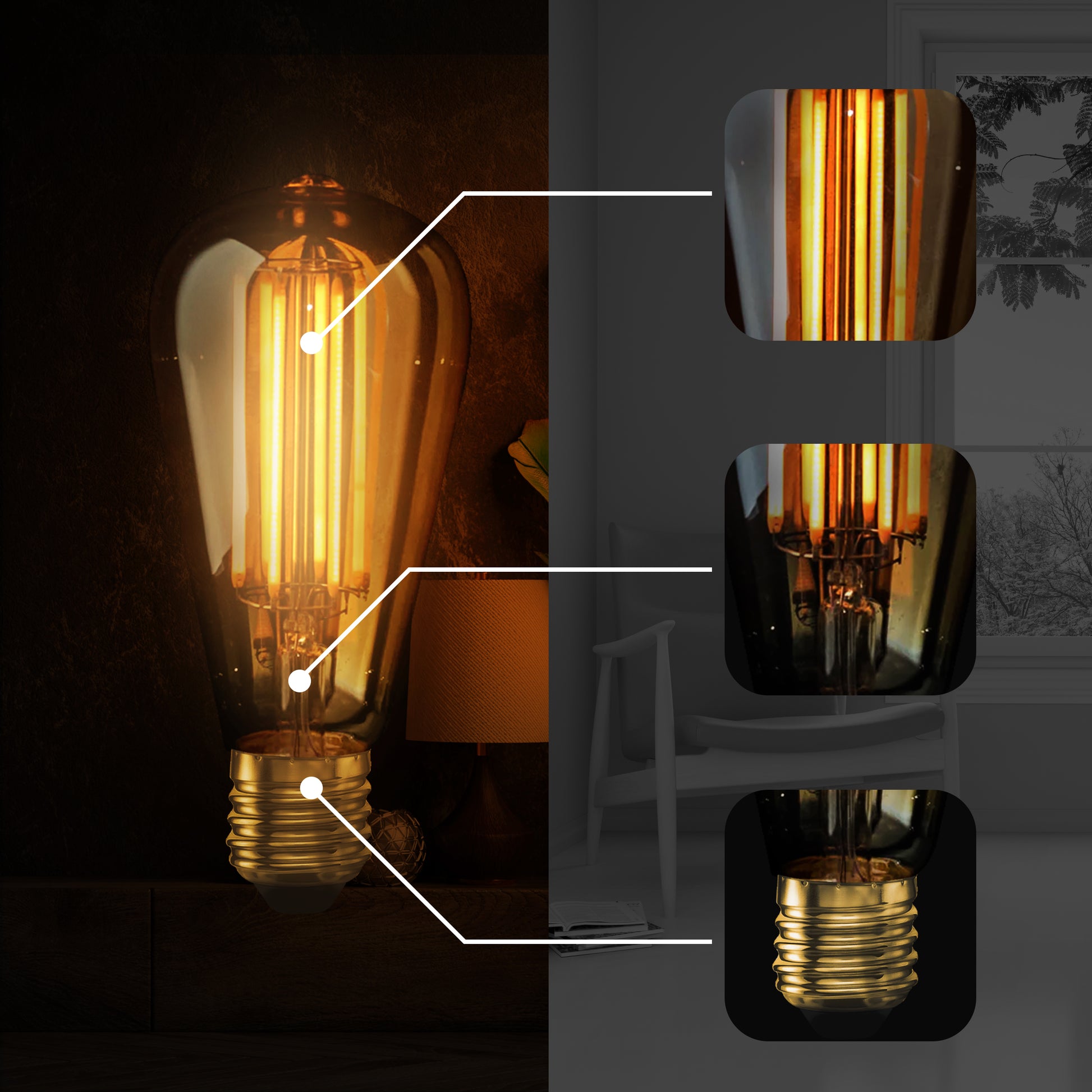 E27 ST64 Vintage LED dimmbare Glühbirnen, 6 W Edison-Glühbirne, 2700 K warmweiß, bernsteinfarbene, energiesparende dekorative Glühbirnen im Retro-Stil