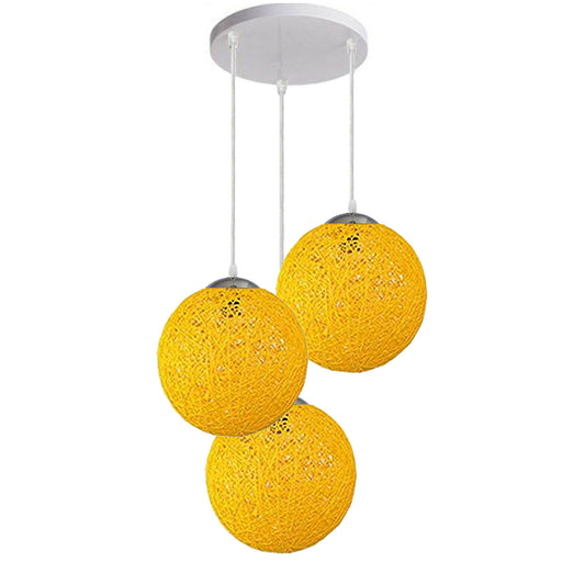 Yellow Vine Ball Rattan Shade Chandelier Three Head Dekorative Round Base Deckenpendelleuchte