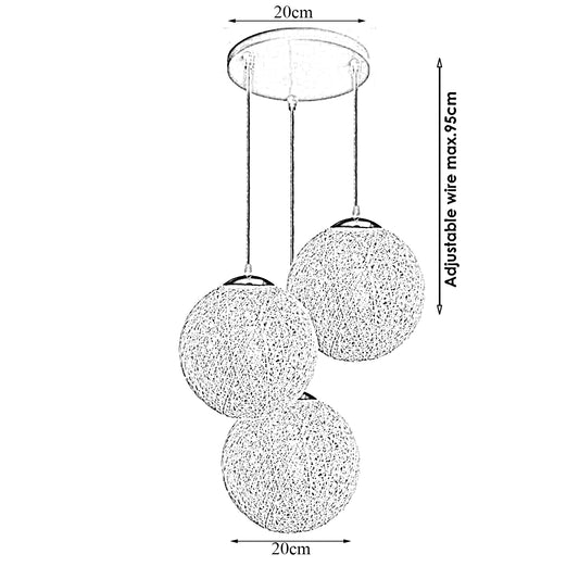 Yellow Vine Ball Rattan Shade Chandelier Three Head Dekorative Round Base Deckenpendelleuchte