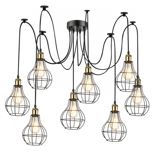 Ledsone Vintage pendellampe med 8 lyskilder, bur og edderkop ~2268