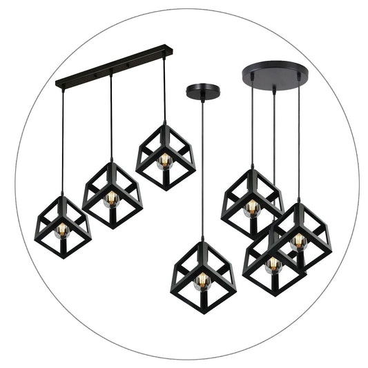 Industrielle Vintage 1/3 Light Black Square Cluster Pendelleuchte