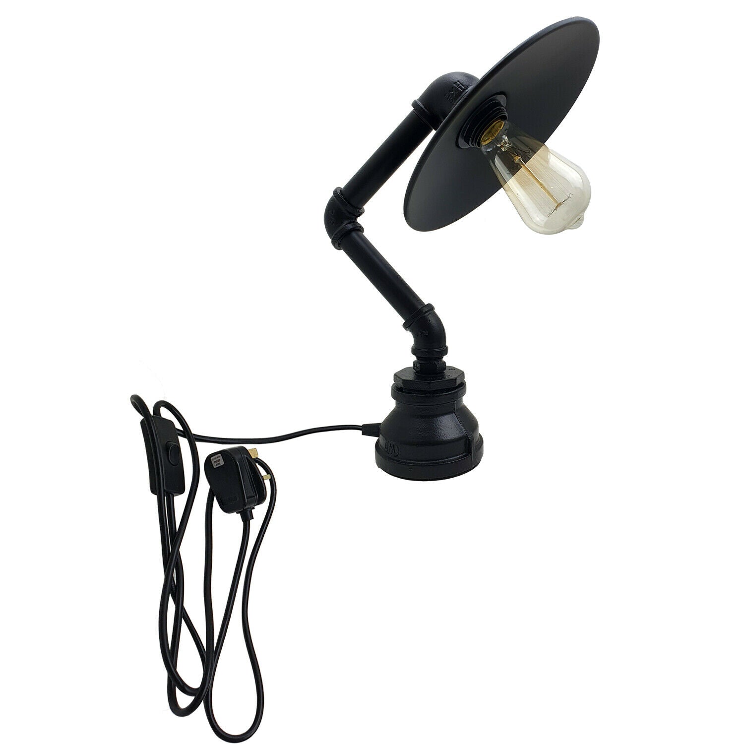 Industrielle Vintage Retro-Stahlrohr-Schreibtisch-Tischlampe mit flachem Schirm Schwarz LEDSone DE