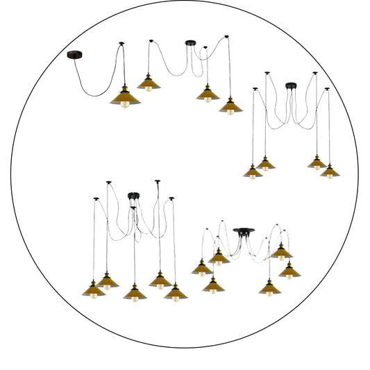 Variation Heads Cluster aus hängenden gelben Kegelschirmen Deckenlampenbeleuchtung ~