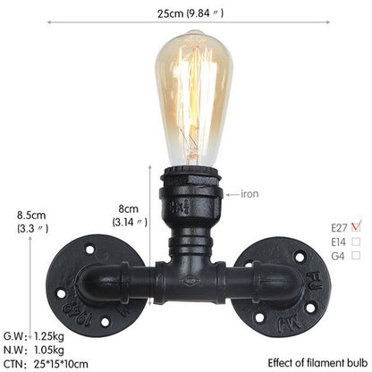 Vintage Verandalampe Steampunk Sconce One Head Loft Rustikal Wasserpfeife Wandleuchte Schwarz LEDSone DE-4