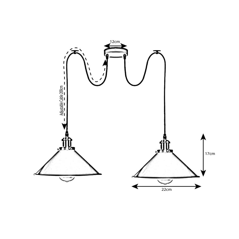 Verstellbare E27-Hängelampe mit zwei Leuchtenköpfen aus Metall, PVC-Kabel und stilvoller grün-messingfarbener Optik