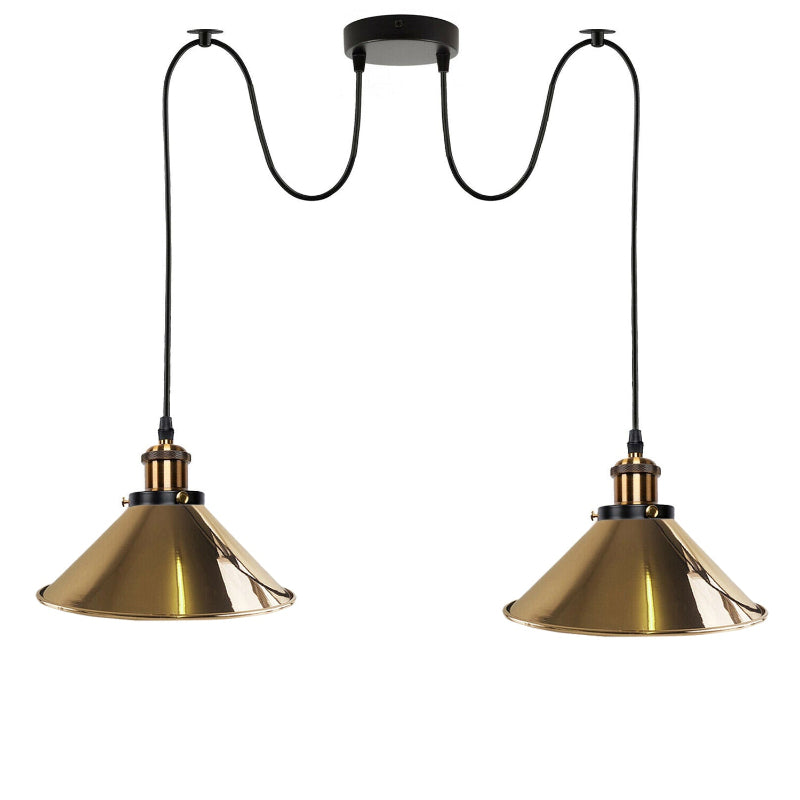 Moderne Pendelleuchte in französischem Gold, 2 Kegel-Lampen, E27, ideal für Wohnzimmer oder Esszimmer, edle Metalloptik.