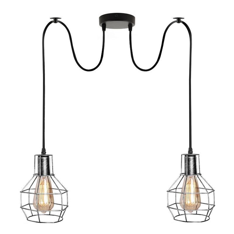 Industrielle Spinnenlampe im Retro-Design, 2x E27 Fassung, Silberkäfig, ideal für Esszimmer, Küche oder Wohnzimmer als Hingucker.