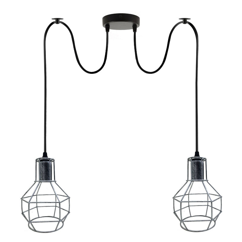Zweiflammige Spinnenlampe aus Silber, E27 Fassung, modernes Design mit Metallkäfig, perfekt für stilvolle Innenräume im Industrial-Look.