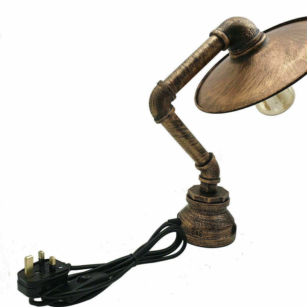 Industrielle Vintage Retro-Stahlrohr-Schreibtisch-Tischlampe mit flachem Schirm aus gebürstetem Kupfer LEDSone DE-5
