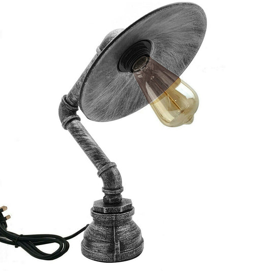 Industrielle Vintage Retro-Stahlrohr-Schreibtisch-Tischlampe mit flachem Schirm aus gebürstetem Silber LEDSone DE-1