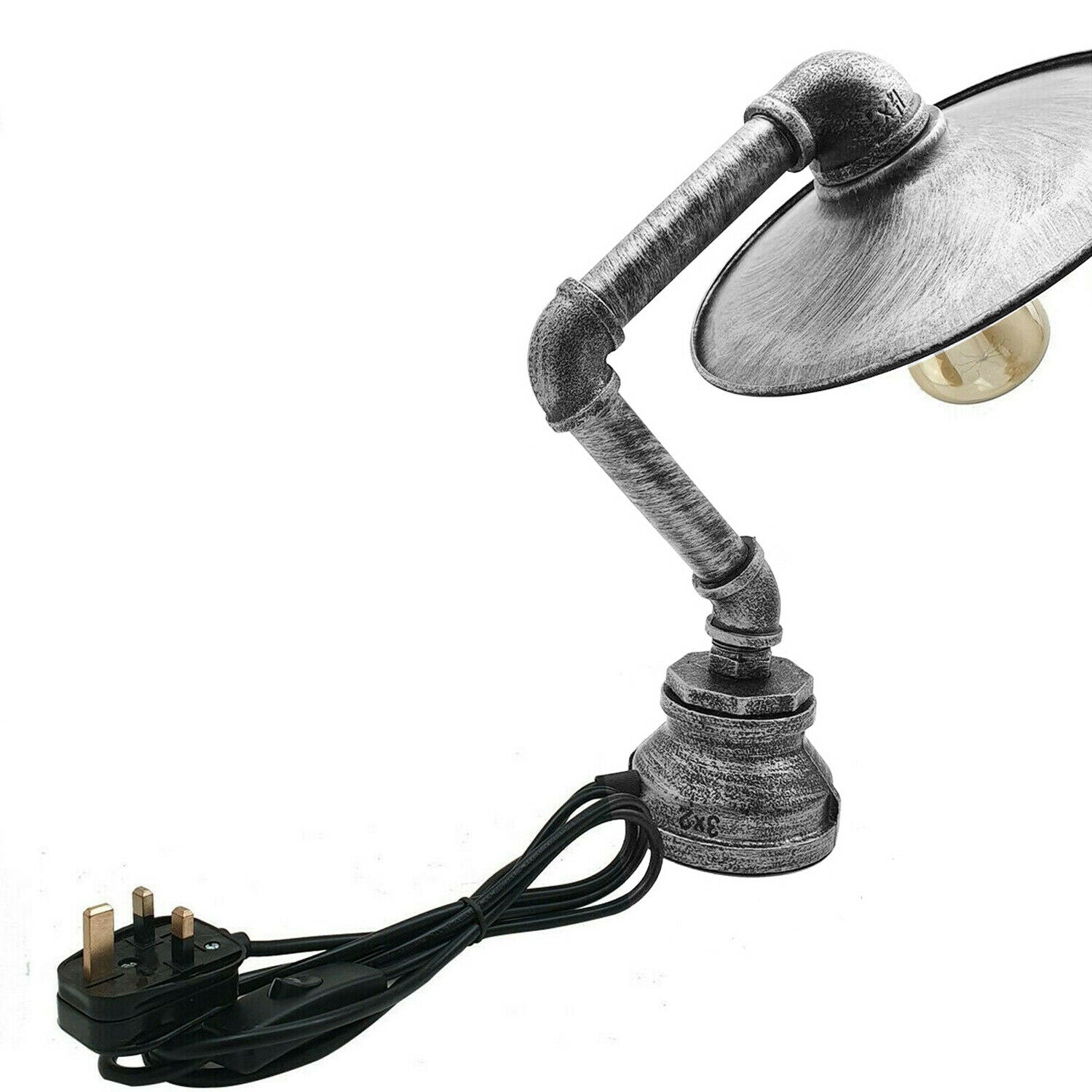 Industrielle Vintage Retro-Stahlrohr-Schreibtisch-Tischlampe mit flachem Schirm aus gebürstetem Silber LEDSone DE-3