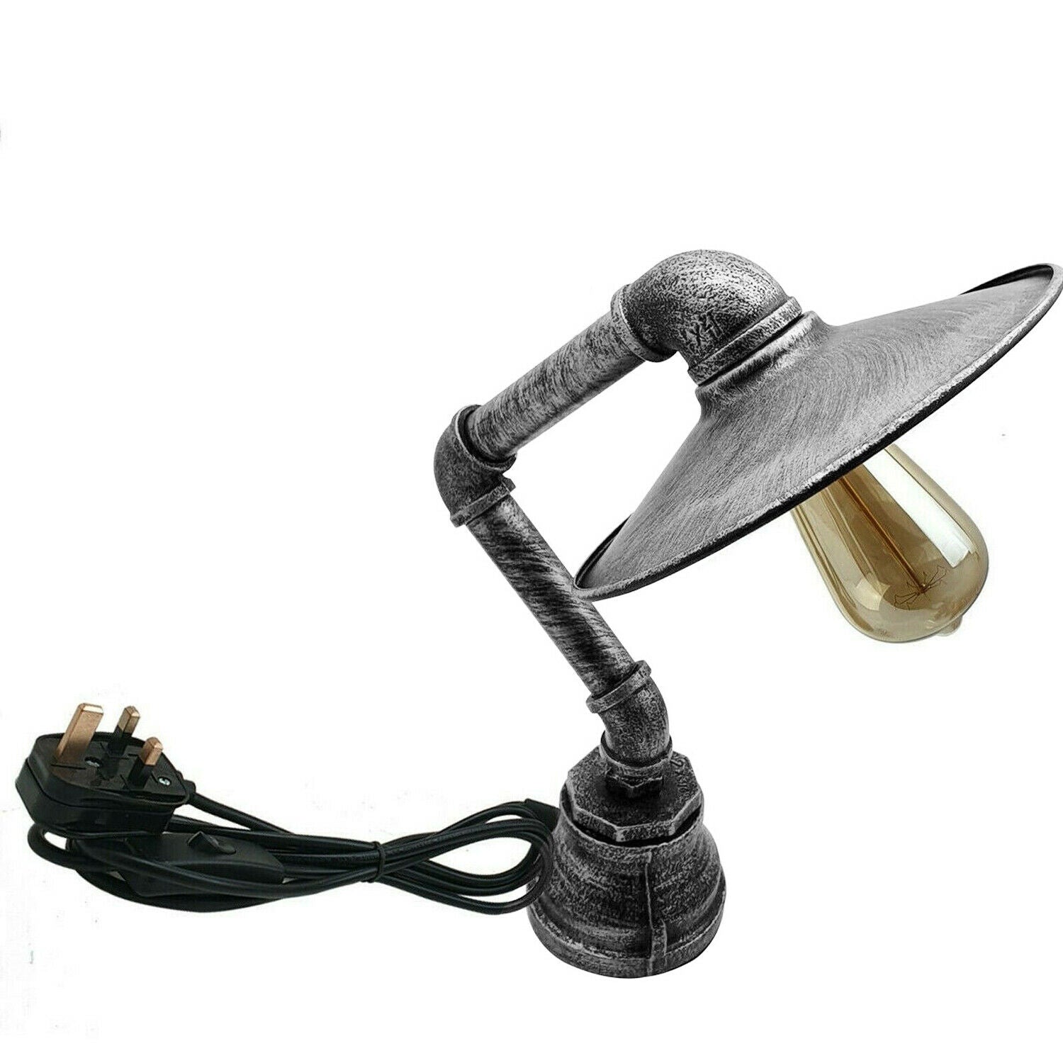Industrielle Vintage Retro-Stahlrohr-Schreibtisch-Tischlampe mit flachem Schirm aus gebürstetem Silber LEDSone DE-4