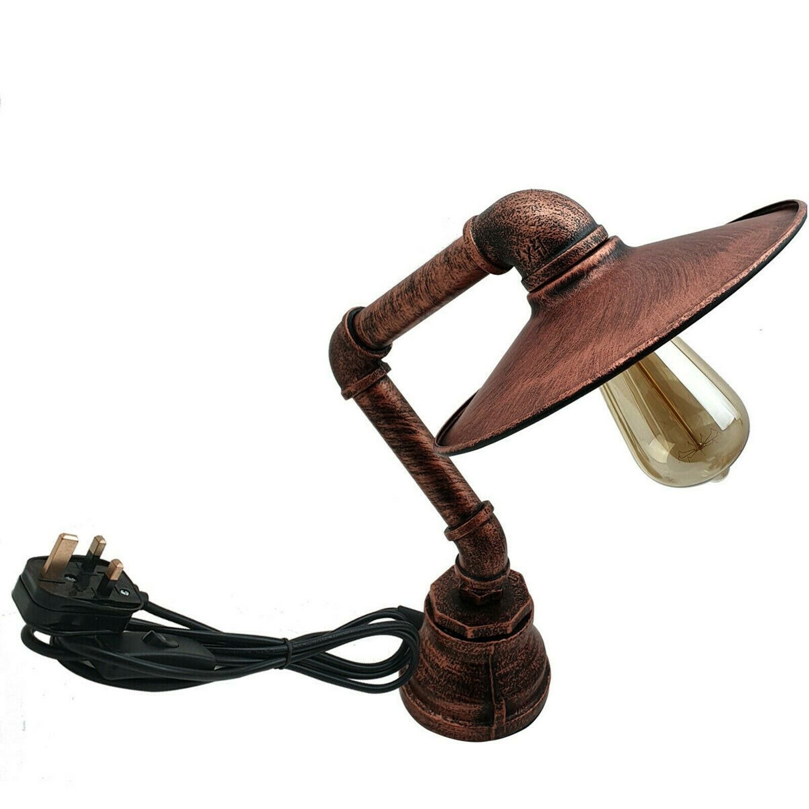 Industrielle Vintage Retro-Stahlrohr-Schreibtisch-Tischlampe mit flachem Schirm in rustikalem Rot LEDSone DE-1
