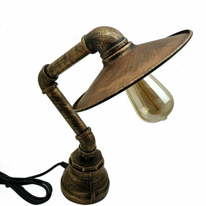 Industrielle Vintage Retro-Stahlrohr-Schreibtisch-Tischlampe mit flachem Schirm aus gebürstetem Kupfer LEDSone DE-4